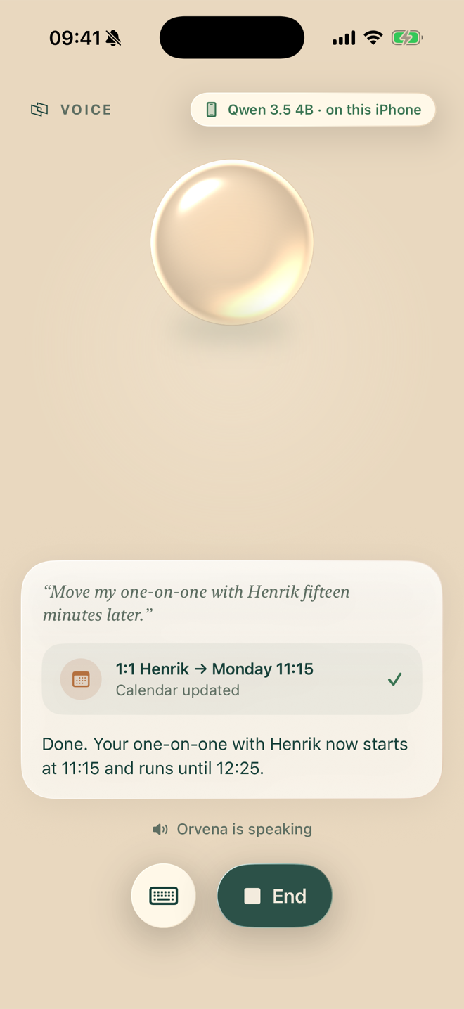 Orvena voice screen: the user asks to move a one-on-one meeting 15 minutes; a calendar receipt shows the meeting moved to Monday at 11:15 with a checkmark, the spoken answer confirms the new start and end time, and a waveform reads Orvena is speaking under a label reading Qwen 3.5 4B on this iPhone.